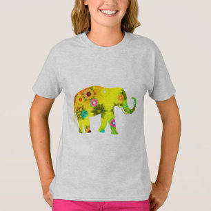 Cartoon-style Elephant Vibrant Flowers Playful T-Shirt