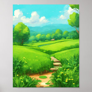 Cartoon-Style Grass Field Landscape Painting Poster