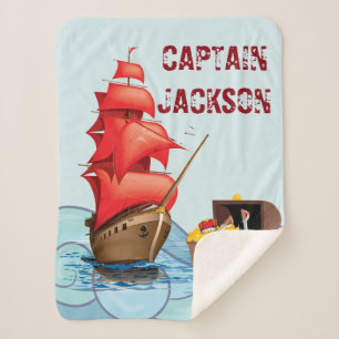 Cartoon style Pirate Boat stripes Sherpa Blanket