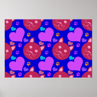 Cartoon style seamless wallpaper with cat face and poster