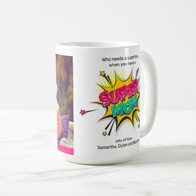 Cartoon Style Super Mum Add Your Photo Mothers Day Coffee Mug (Front Right)