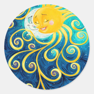 cartoon sun and moon love peace classic round sticker