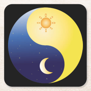 Cartoon Sun and Moon, Yin and Yang Symbol Square Paper Coaster