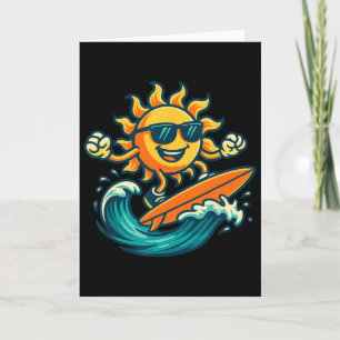 Cartoon Sun Surfing Summer Beach Wave Art Card