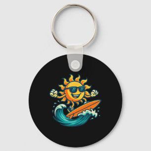 Cartoon Sun Surfing Summer Beach Wave Art  Key Ring