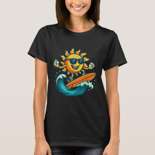 Cartoon Sun Surfing Summer Beach Wave Art  T-Shirt