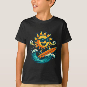 Cartoon Sun Surfing Summer Beach Wave Art T-Shirt