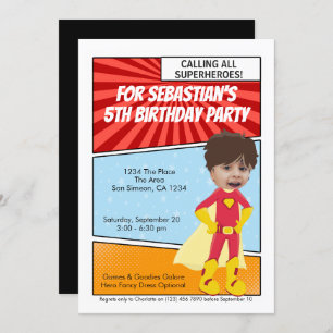 Cartoon Superhero Novelty Comic Birthday Party Invitation