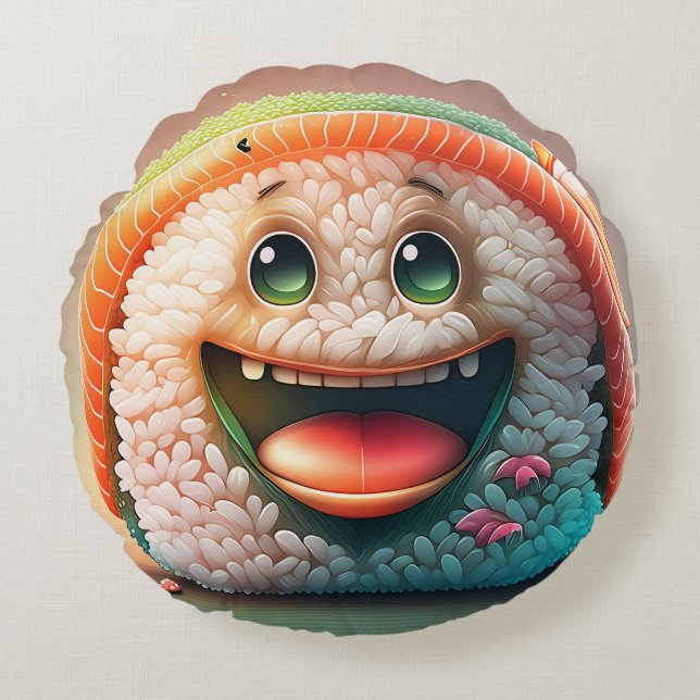 Cartoon Sushi Round Pillow – Whimsical Design Fun (Front)