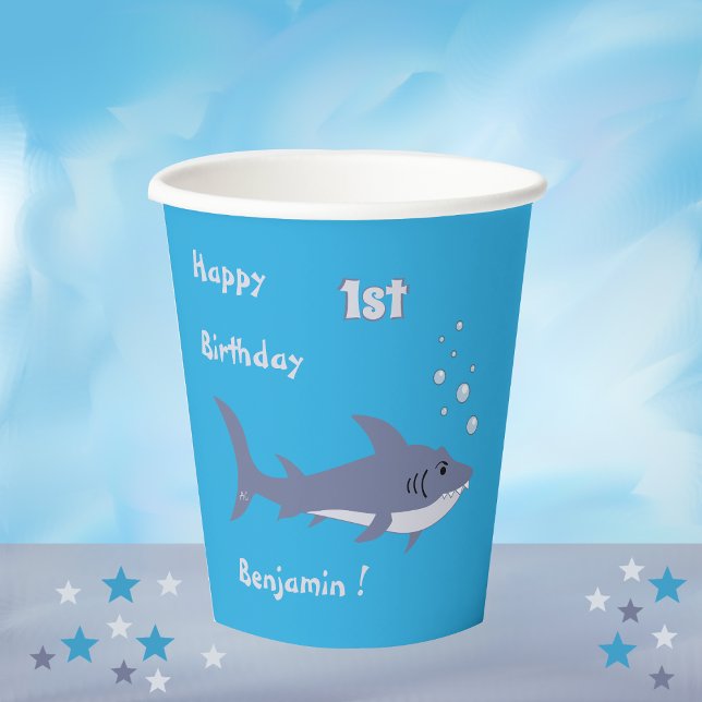 Cartoon Swimming Shark Blue Birthday Paper cup (Creator Uploaded)