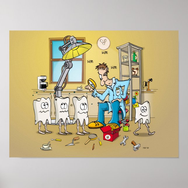 Cartoon; tanden op controle bij de tandarts poster (Front)