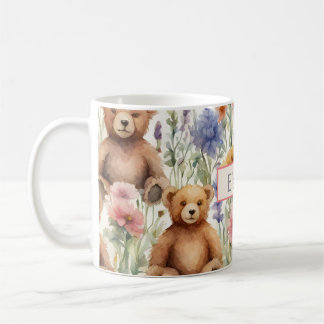 Cartoon Teddy Bear Pattern With Watercolor Flowers Coffee Mug