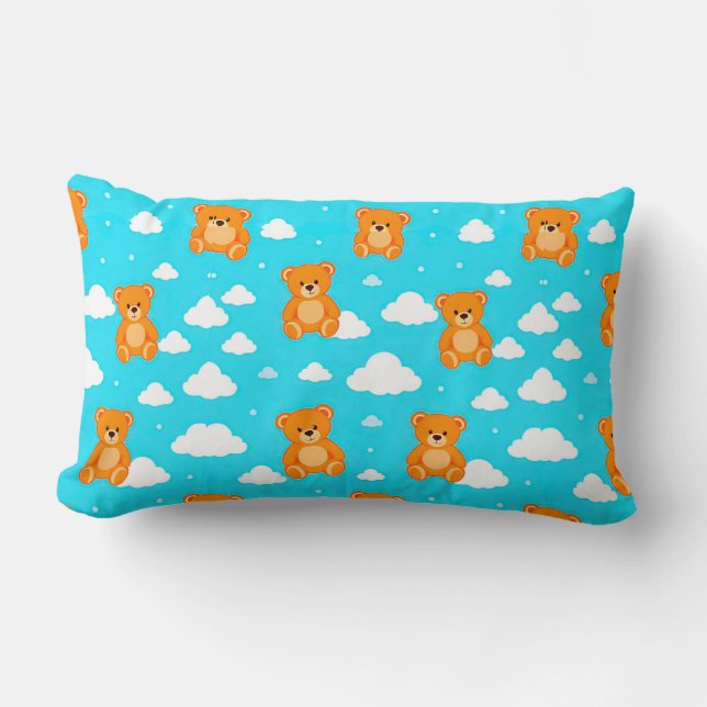 Cartoon Teddy Bears with Clouds on Blue Background Lumbar Cushion (Front)