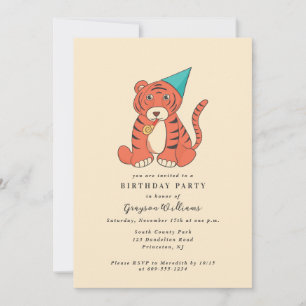 Cartoon Tiger in a Party Hat Vintage Birthday Invitation
