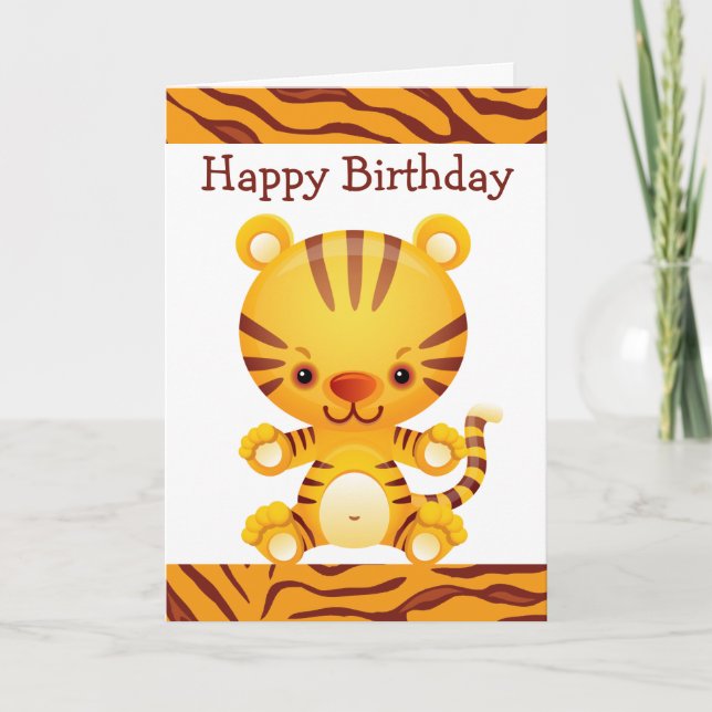 Cartoon Tiger with Tiger Print Happy Birthday Card (Front)