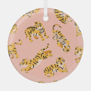Cartoon tigers, pink vintage pattern. glass tree decoration