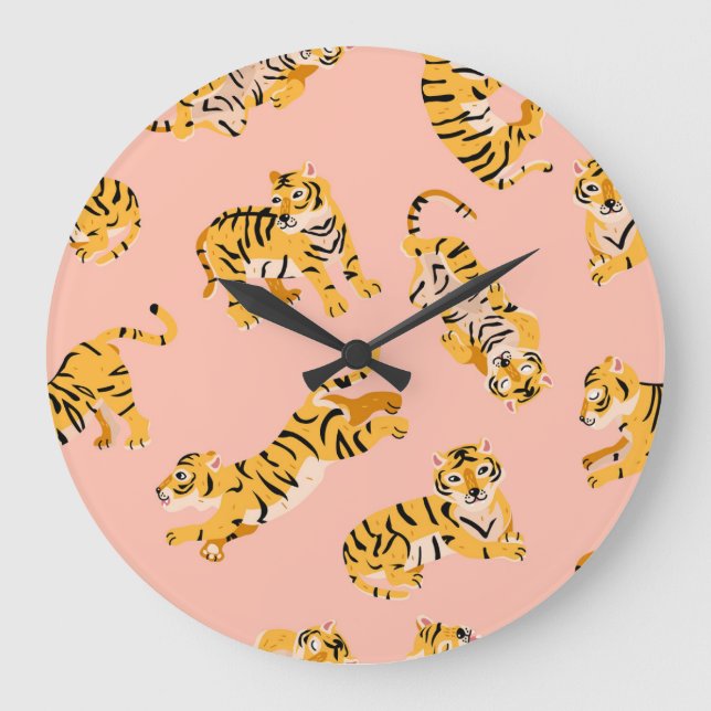 Cartoon tigers, pink vintage pattern. large clock (Front)