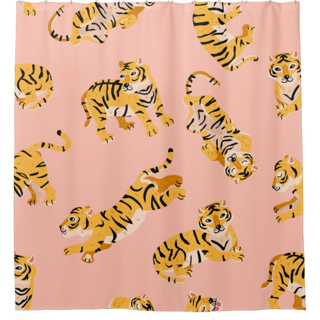 Cartoon tigers, pink vintage pattern. shower curtain (Front)