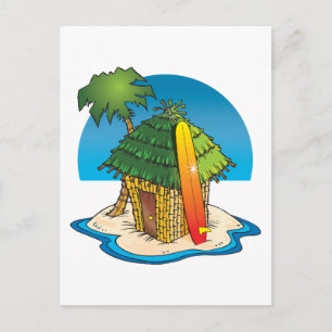 Cartoon Tiki Hut with Surfboard and Palm Postcard