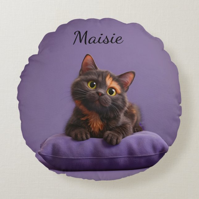 Cartoon Tortoiseshell Kitten on Purple Cushion (Front)