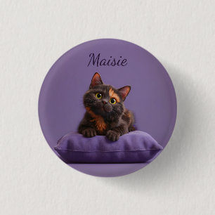 Cartoon Tortoiseshell Kitten on Purple Cushion 3 Cm Round Badge