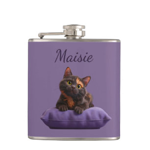 Cartoon Tortoiseshell Kitten on Purple Cushion Hip Flask