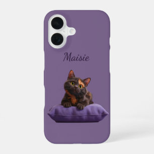 Cartoon Tortoiseshell Kitten on Purple Cushion iPhone 16 Case