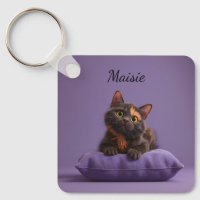 Cartoon Tortoiseshell Kitten on Purple Cushion