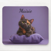 Cartoon Tortoiseshell Kitten on Purple Cushion