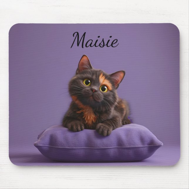 Cartoon Tortoiseshell Kitten on Purple Cushion Mouse Pad (Front)
