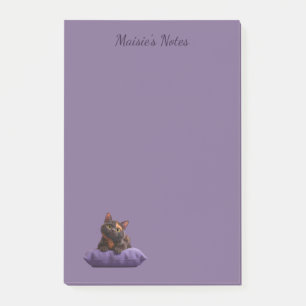 Cartoon Tortoiseshell Kitten on Purple Cushion Post-it Notes