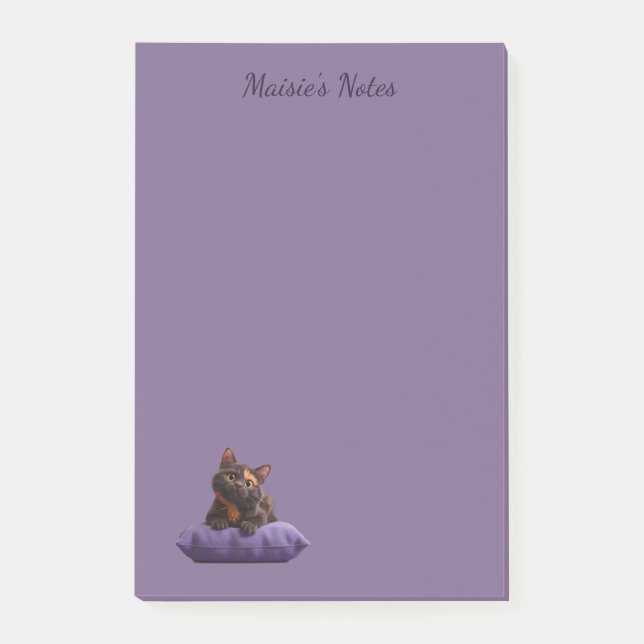 Cartoon Tortoiseshell Kitten on Purple Cushion Post-it Notes (Front)
