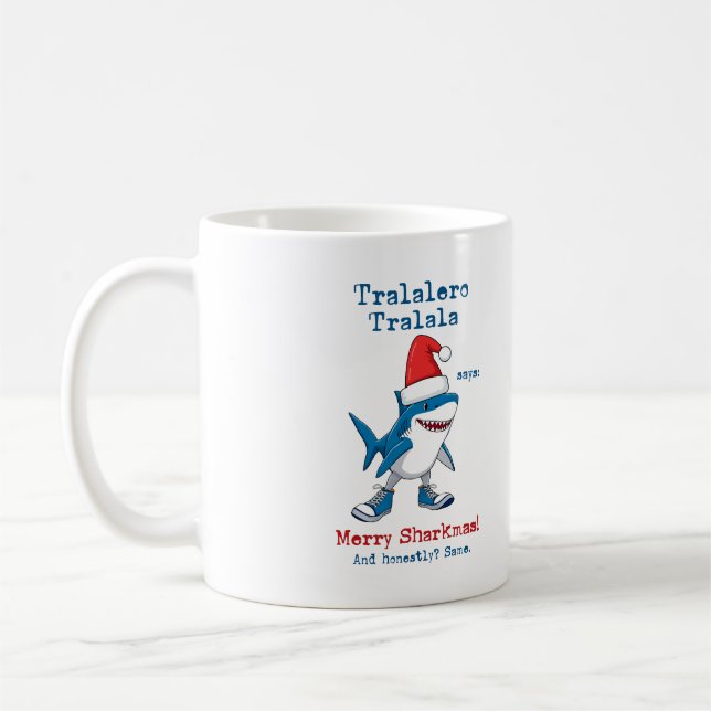 Cartoon Tralalero Tralala Says Merry Sharkmas Coffee Mug (Left)