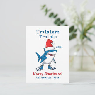 Cartoon Tralalero Tralala Says Merry Sharkmas Holiday Postcard