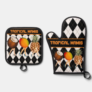 Cartoon Tropical Fruit Ladies On Black & White Oven Mitt & Pot Holder Set