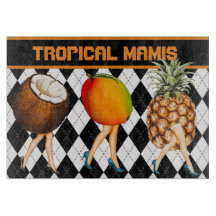 Cartoon Tropical Fruits Ladies On Black & White 