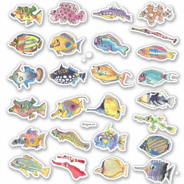Cartoon Tropical Reef Fish Watercolor Contour (Front)