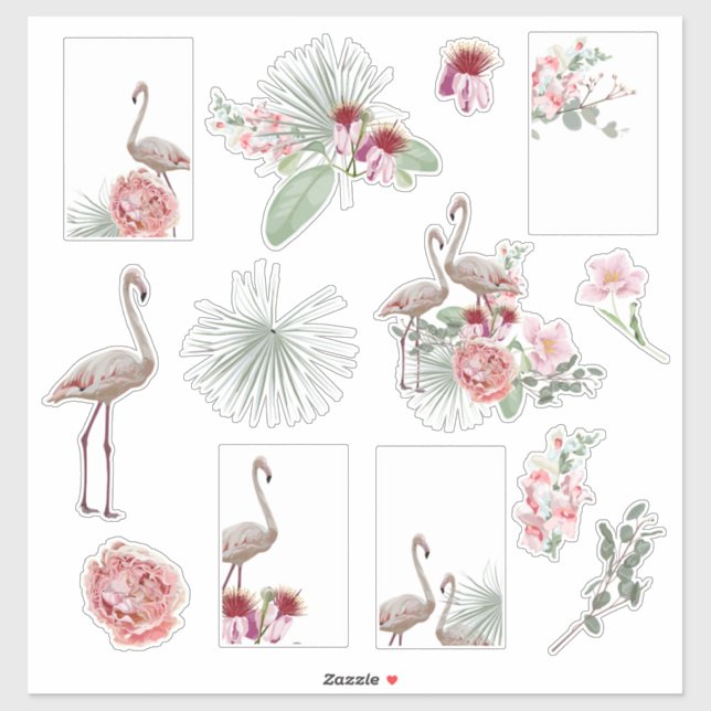 Cartoon tropical stickers with palm and flamingo. (Sheet)