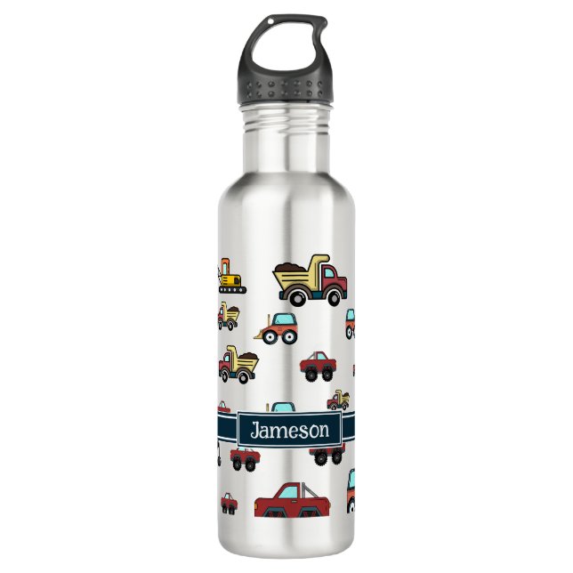 Cartoon Truck Car Crane Vehicle Name Personalised 710 Ml Water Bottle (Front)