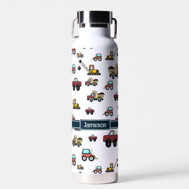 Cartoon Truck Car Crane Vehicle Name Personalised Water Bottle (Front)