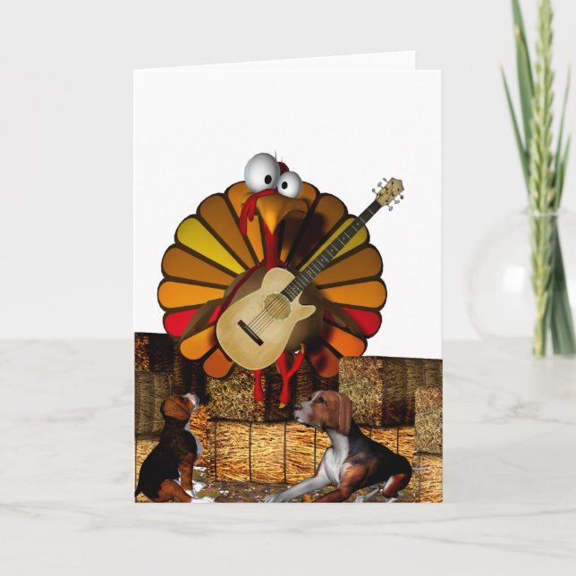 Cartoon turkey on hay with guitar and beagles holiday card (Front)