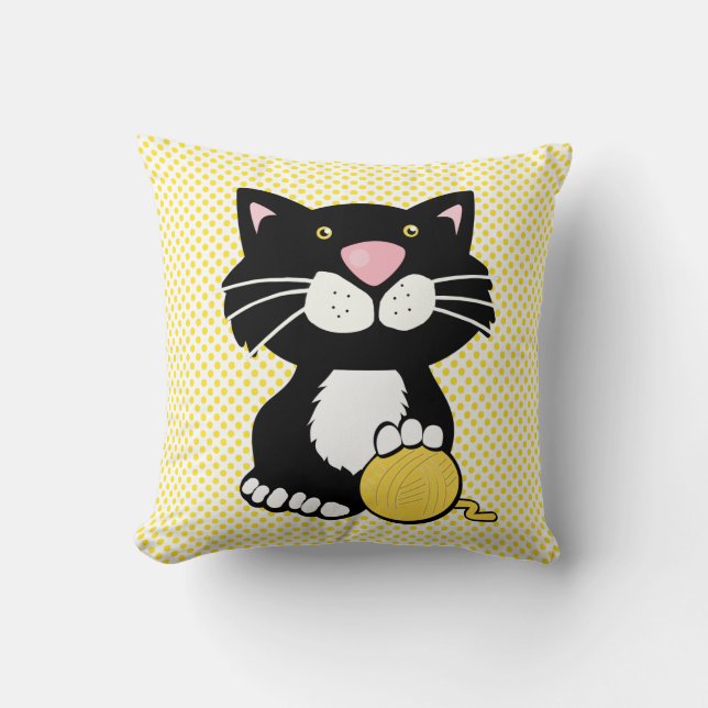 Cartoon Tuxedo Cat on Polka Dot Throw Pillow (Front)