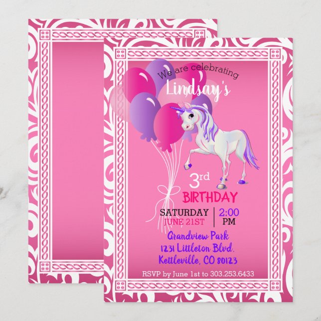 Cartoon Unicorn  Birthday Invitation (Front/Back)