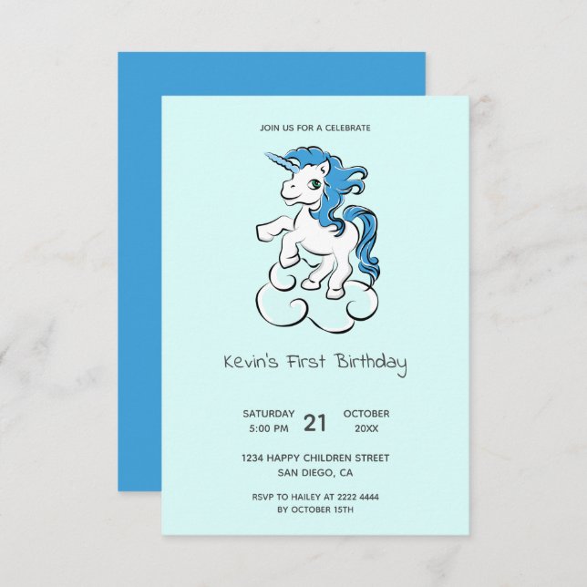Cartoon Unicorn Birthday Invitation (Front/Back)