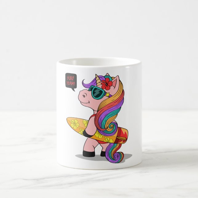 Cartoon unicorn with surfboard coffee mug (Center)