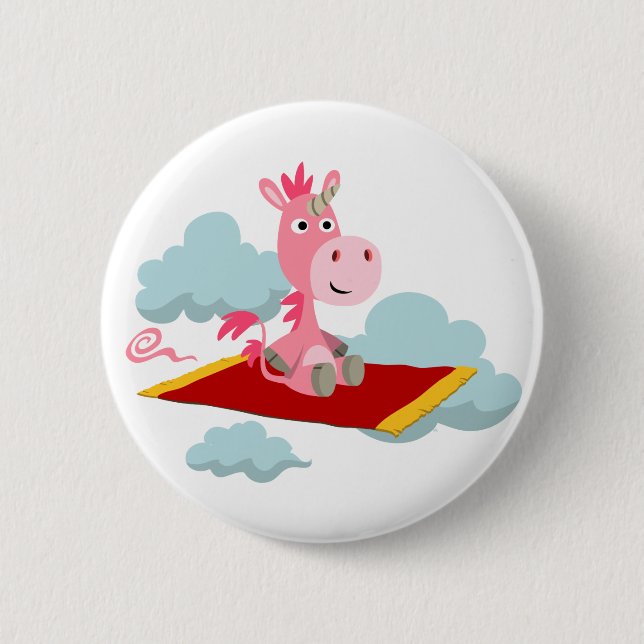 Cartoon Unicorn's Magic Carpet Ride Button Badge (Front)