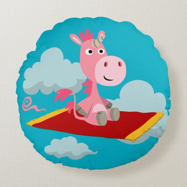Cartoon Unicorn's Magic Carpet Ride Round Pillow (Front)