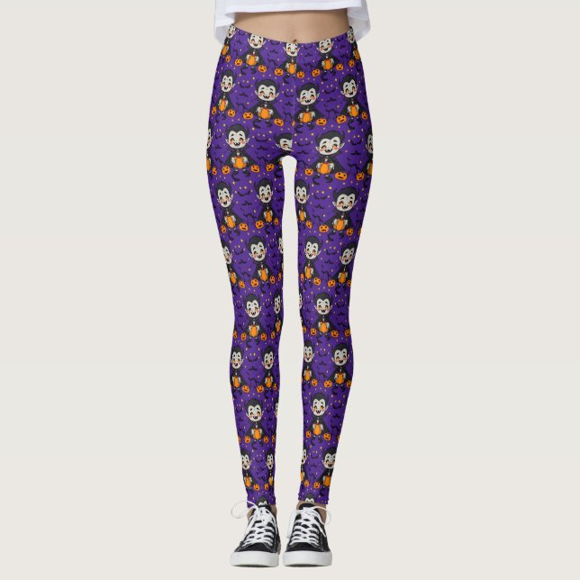 Cartoon Vampire Halloween – Pumpkins, Bat Leggings (Front)