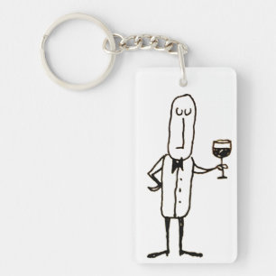Cartoon Waiter Guy Holding Wine Glass Key Ring