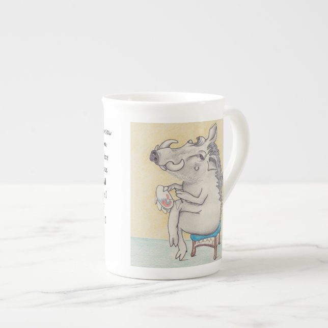 Cartoon warthog working on embroidery hoop bone china mug (Front Right)
